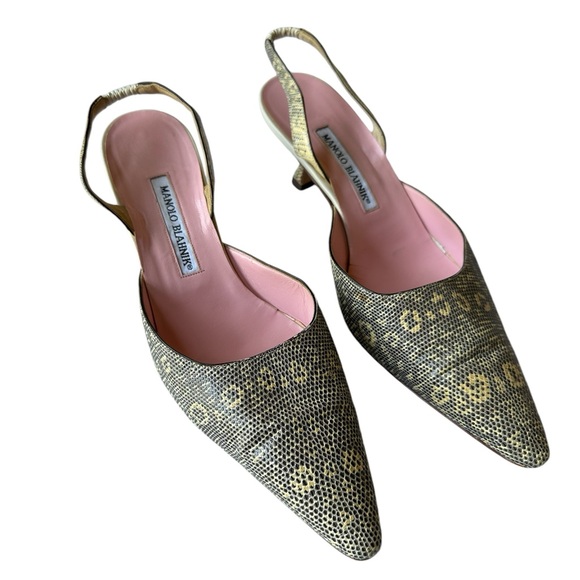 Manolo Blahnik Black Leather Slingback Kitten Heels